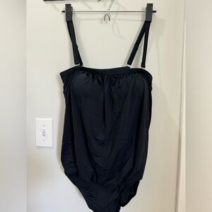 Black bandeau blouson one piece swimsuit with removable straps